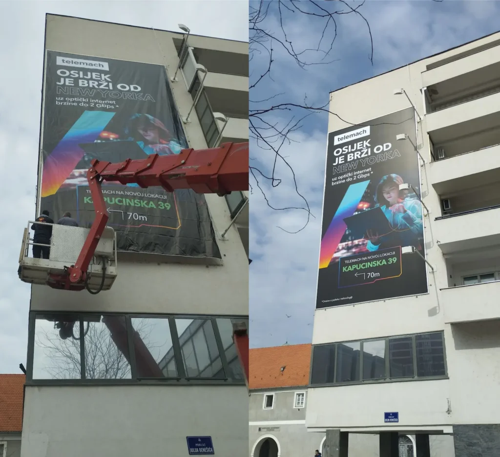 PVC cerada s tiskom na fasadi zgrade – reklamni format velikog formata