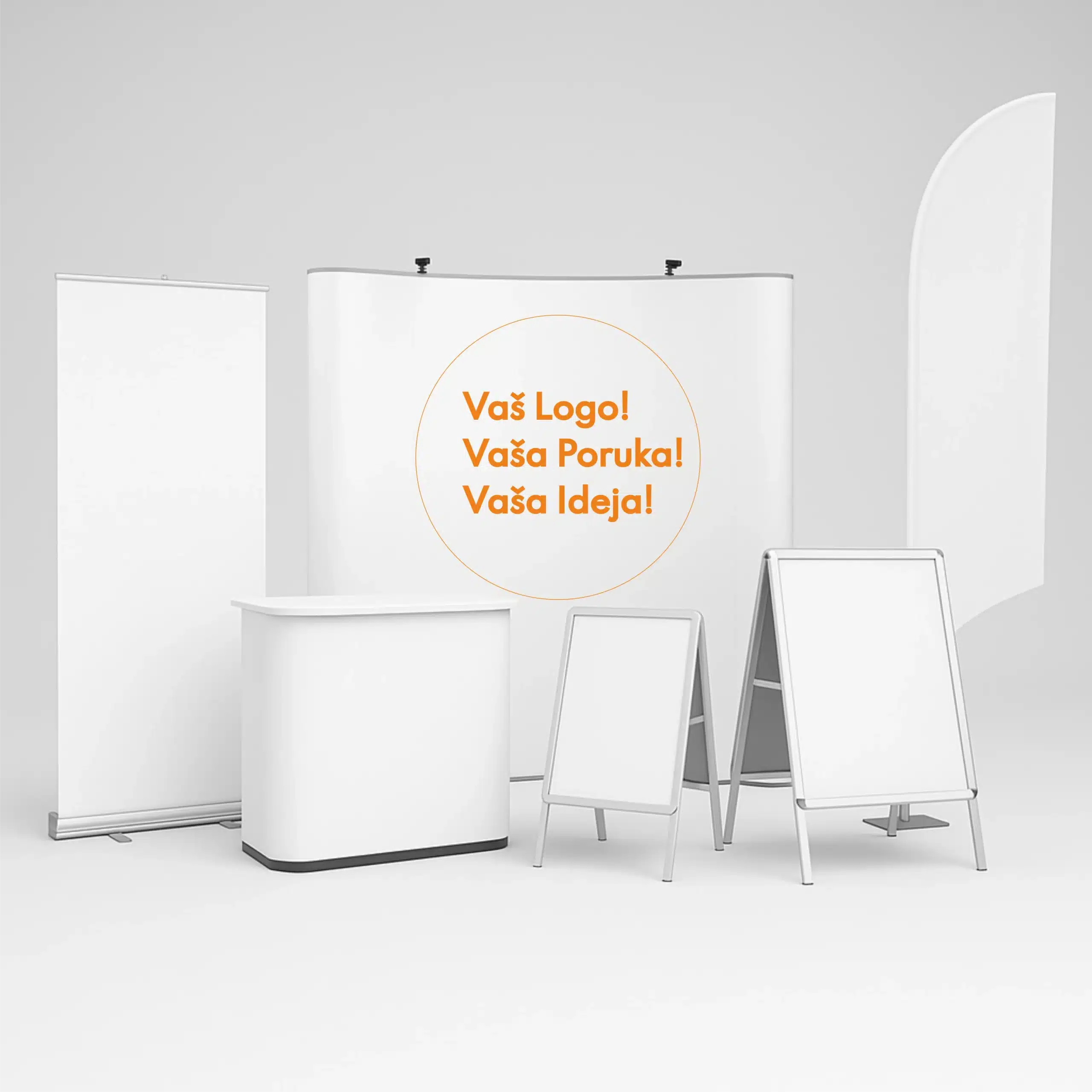 Prezentacijski sustavi s vašim logom.
Personalizirani promotivni stalci, zastave i roll up sistemi.