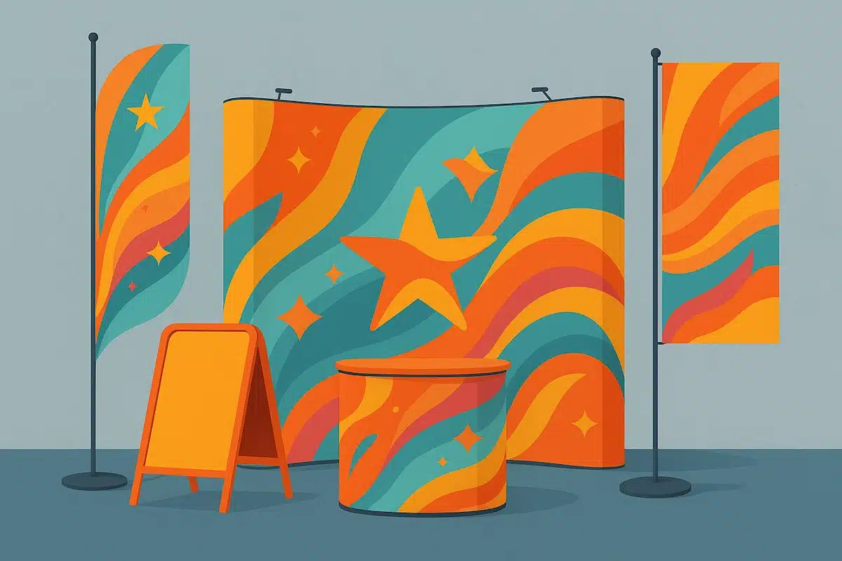 Ilustracija prezentacijskih sustava u bojama Čarobnog tima – roll up banner, promo pult, pop up zid, a stalak i reklamne zastave u narančastim, žutim i tirkiznim tonovima na sivoj pozadini, s modernim valovitim uzorkom i zvjezdanim detaljima.