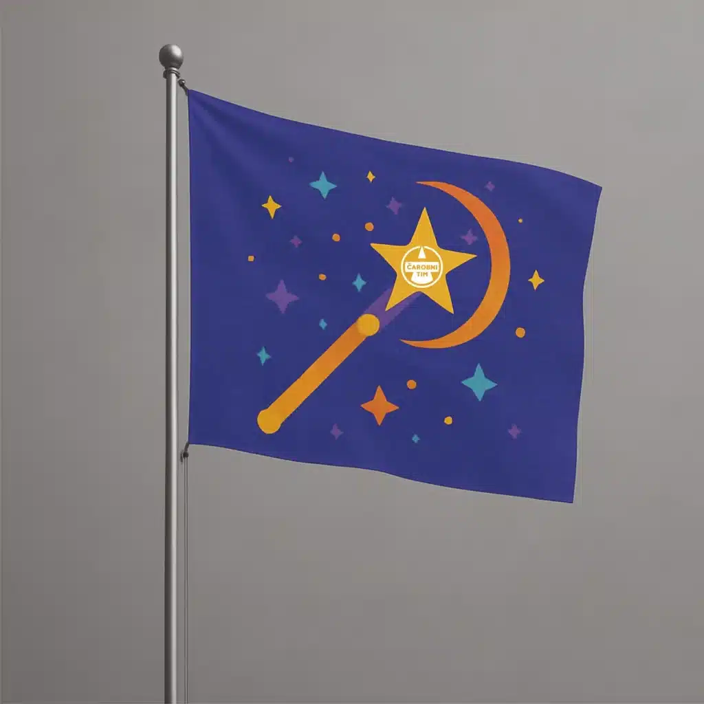 Reklamne zastave s tiskom u boji – beach flag i jarbolna zastava na sivom pozadinskom zidu, izrađene od kvalitetne poliesterske tkanine, dizajnirane u stilu Čarobnog tima s modernim i upečatljivim uzorkom.