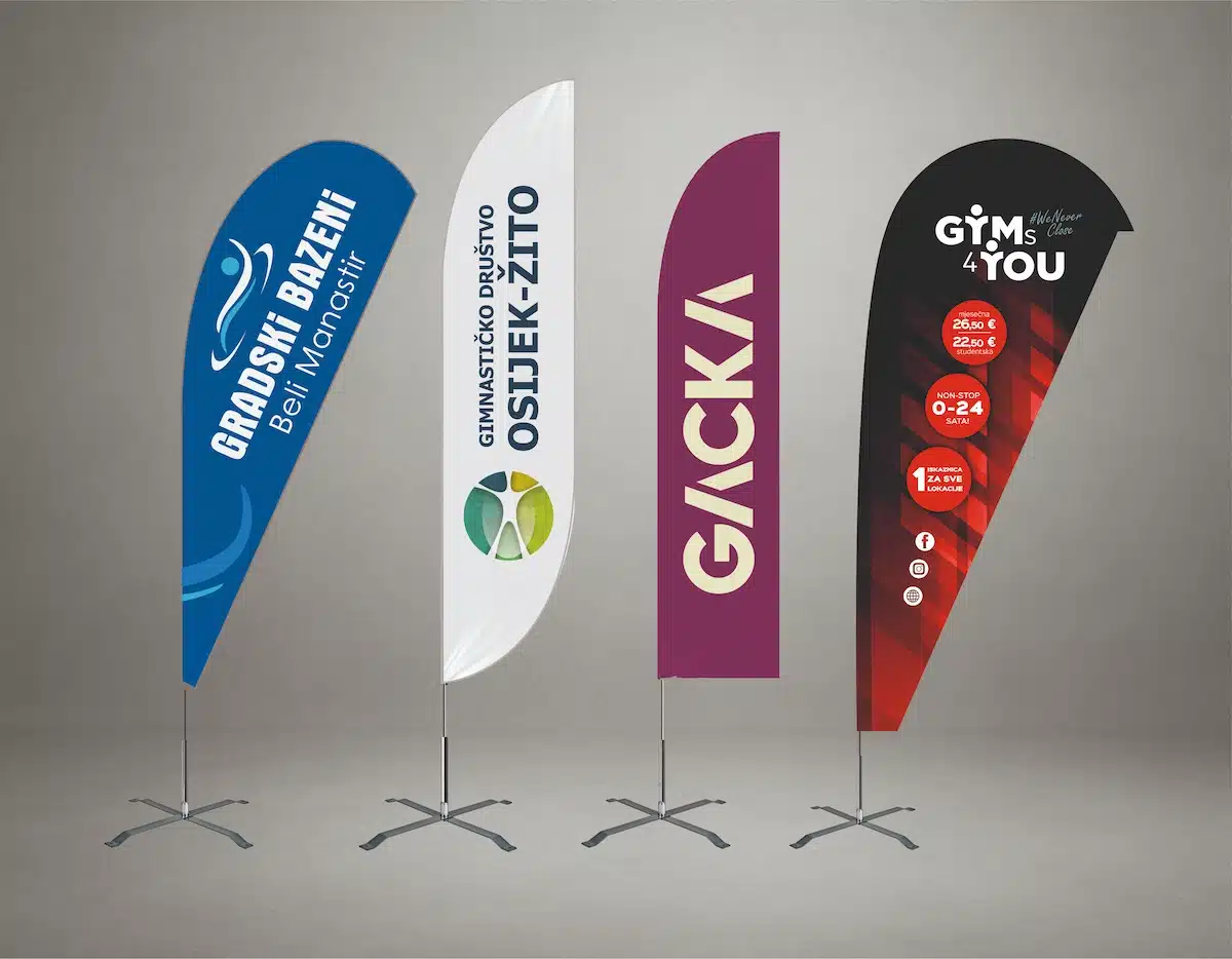 Beach flag reklamna zastava s tiskom logotipa — promo zastava za vanjske događaje i sajmove