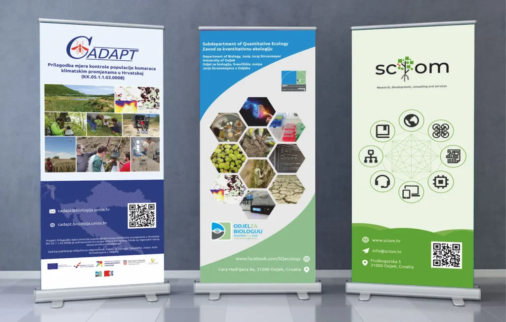 Izrada roll up bannera Osijek – tri primjera tiska za CADAPT, Odjel za biologiju Sveučilišta u Osijeku i Sciom