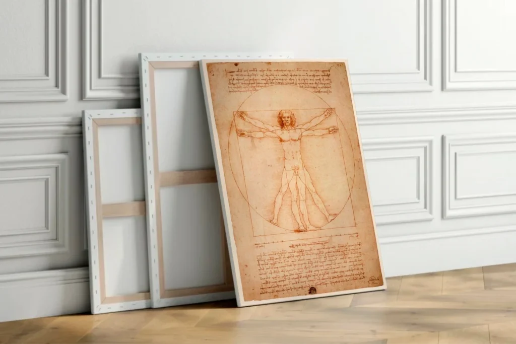Canvas slike na platnu s motivom Vitruvijevog čovjeka – tisak reprodukcija u modernom interijeru