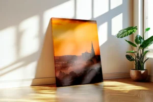 Velika canvas slika na platnu s motivom Osijeka u zalasku sunca – dominantni zidni element