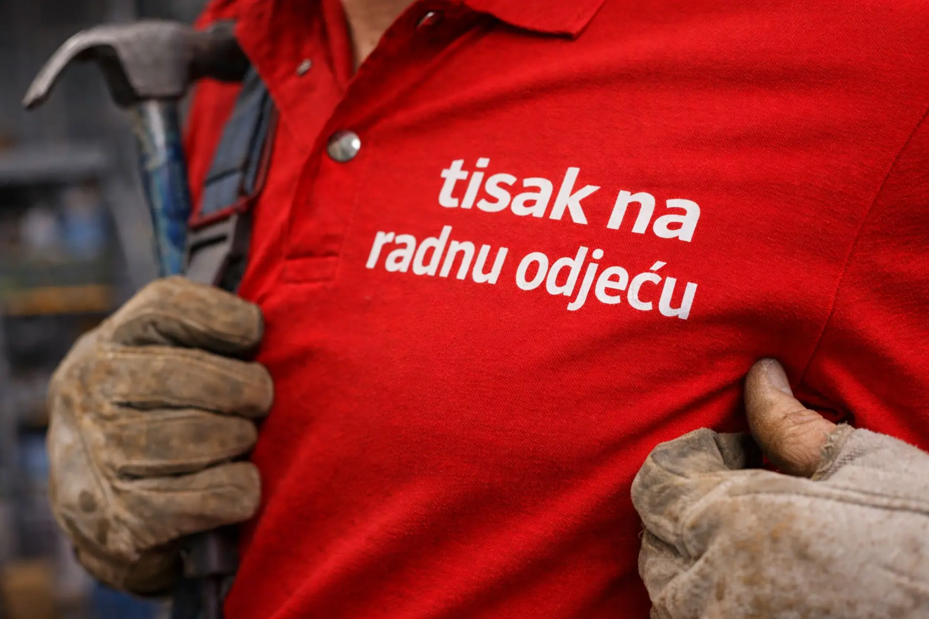 Detalj tiska na radnu odjeću na crvenoj majici u realnim radnim uvjetima, vidljiva tekstura i otpornost printa