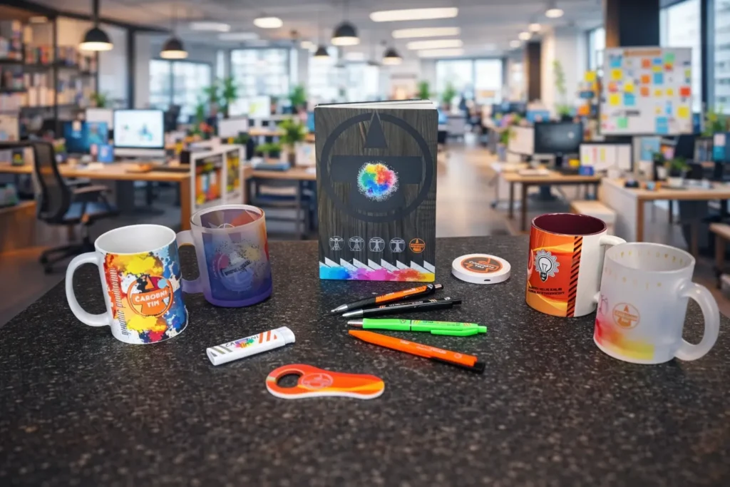 Promotivni poslovni pokloni s tiskom – šalice, kemijske olovke, bilježnice i otvarač za boce