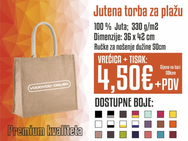 Ponuda jutenih torbi u raznim bojama s cijenom i specifikacijama