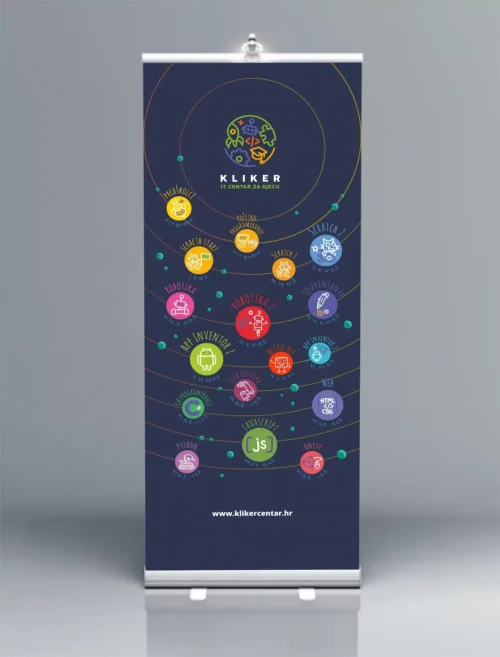 Tisak roll up bannera s punim dizajnom – primjer za Kliker IT centar za djecu