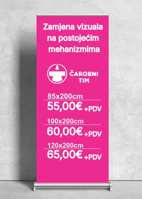 Zamjena vizuala na roll up banneru – cijene od 55€, Čarobni tim Osijek